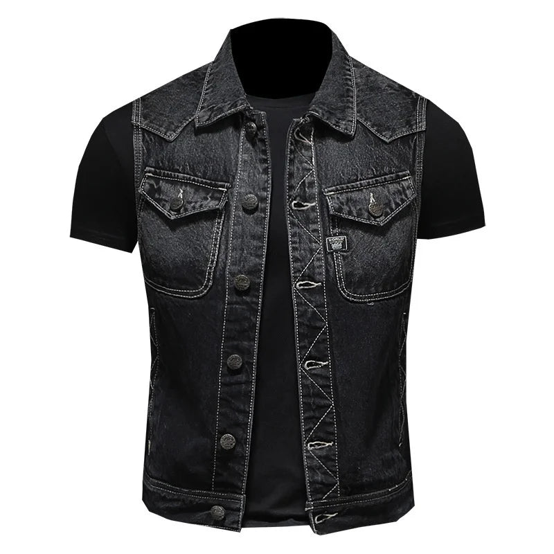 Black Motorcycle Men Denim Vest Vintage Sleeveless Biker Jean Jacket Single Breasted Fashion Work Vests Male Mult Pockets S-6XL