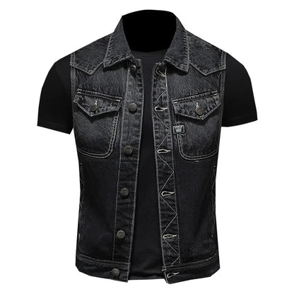 Black Motorcycle Men Denim Vest Vintage Sleeveless Biker Jean Jacket Single Breasted Fashion Work Vests Male Mult Pockets S-6XL