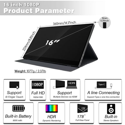 16 Inch 1080P FHD IPS LCD Portable Laptop Monitor Extender USB-C Powered Second Display Gaming New Touch Screen Aluminum Monitor