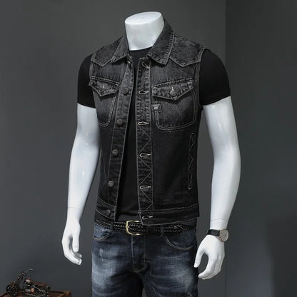 Black Motorcycle Men Denim Vest Vintage Sleeveless Biker Jean Jacket Single Breasted Fashion Work Vests Male Mult Pockets S-6XL