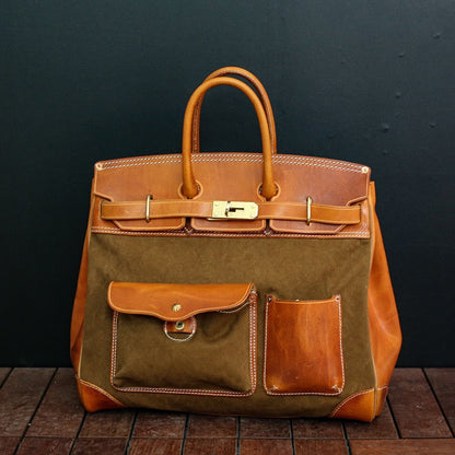 Unisex New Oversize  Genuine Vintage Oil Wax Leather Top Handle Canvas Bag