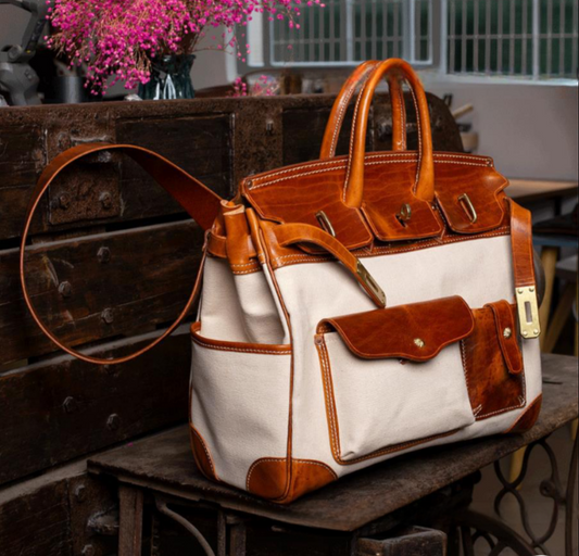 Unisex New Oversize  Genuine Vintage Oil Wax Leather Top Handle Canvas Bag