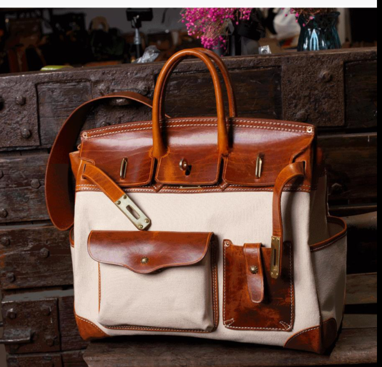 Unisex New Oversize  Genuine Vintage Oil Wax Leather Top Handle Canvas Bag