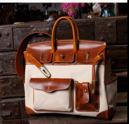 Unisex New Oversize  Genuine Vintage Oil Wax Leather Top Handle Canvas Bag