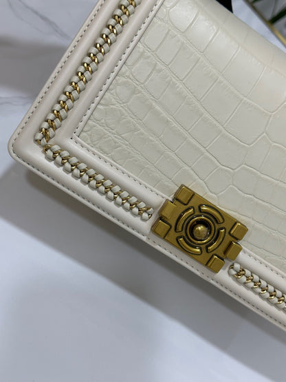 Genuine Crocodile Leather Top Handle Cross Body Flap Chain Bag Cream