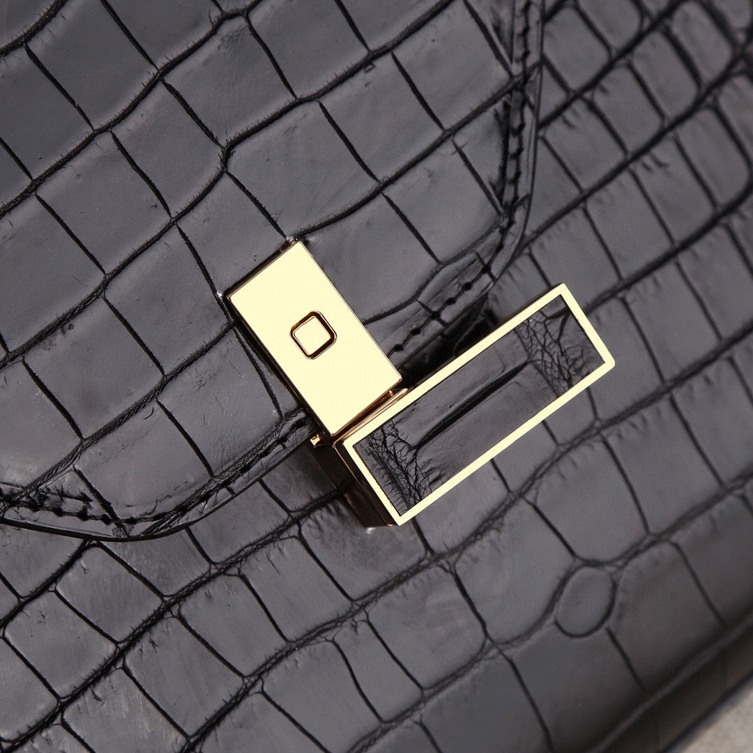 Bolsos de piel de cocodrilo auténtica con asa superior, color negro