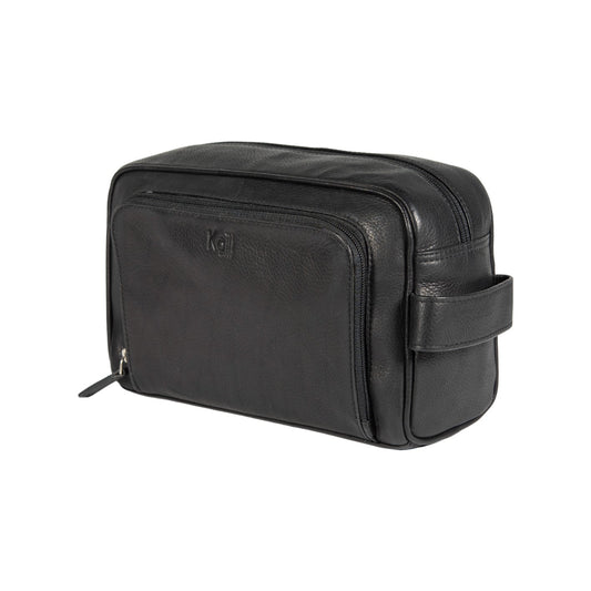 K0025AB | Beauty Case with side handle in genuine full grain leather with light grain - Black color. Zipper closure, Dimensions: 25 x 16 x 12 cm. Packaging: Tnt bag