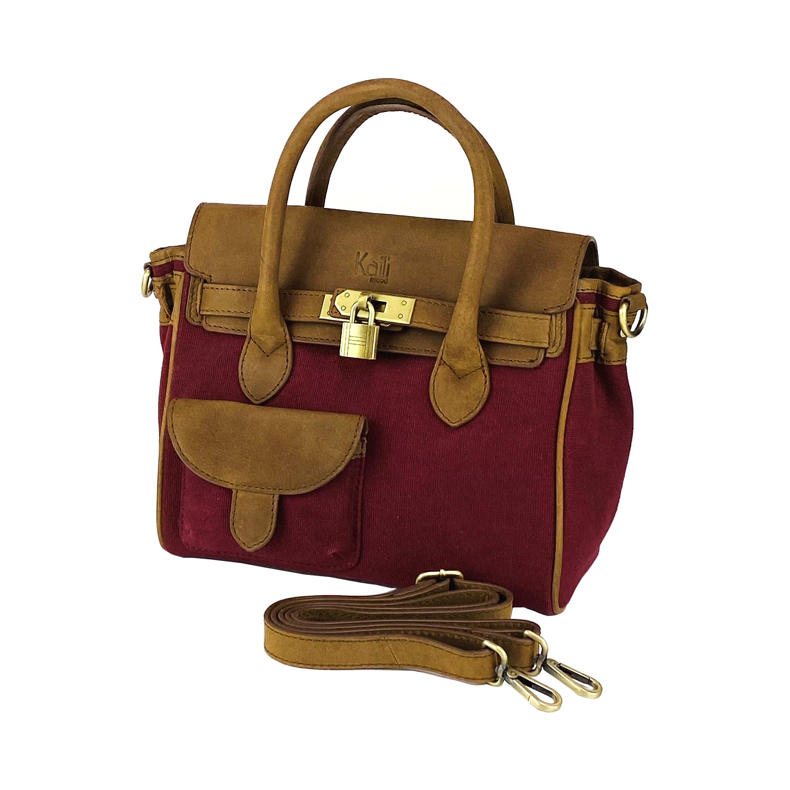 K0042XCB | Borsa a Mano Mini en Lona/Vera Pelle Made in Italy. Tracolla removible. Attacchi con moschettoni in metallo Ottone Anticato - Colore Bordeaux - Dimensiones: cm 24 x 20 x 12