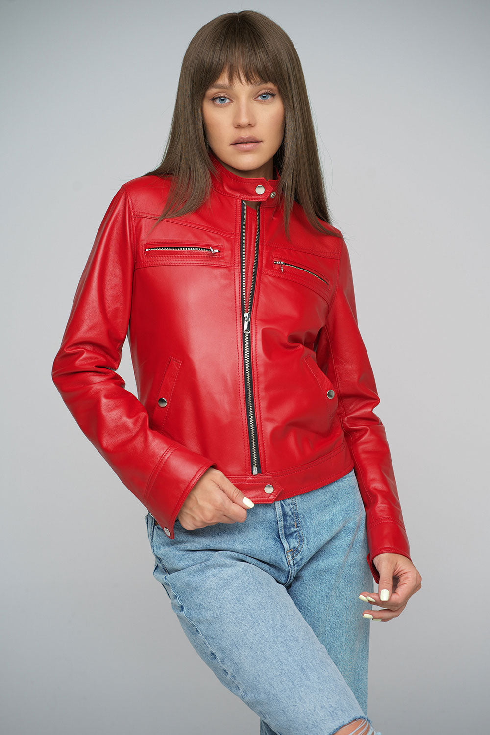 Chaqueta de piel de cordero auténtica roja