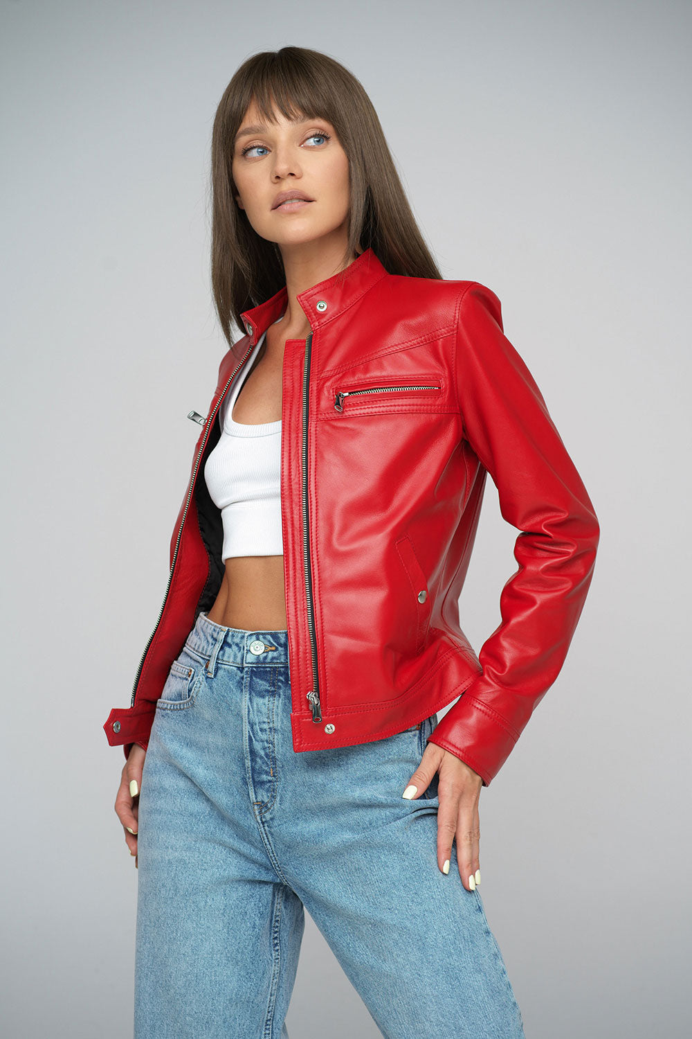 Chaqueta de piel de cordero auténtica roja