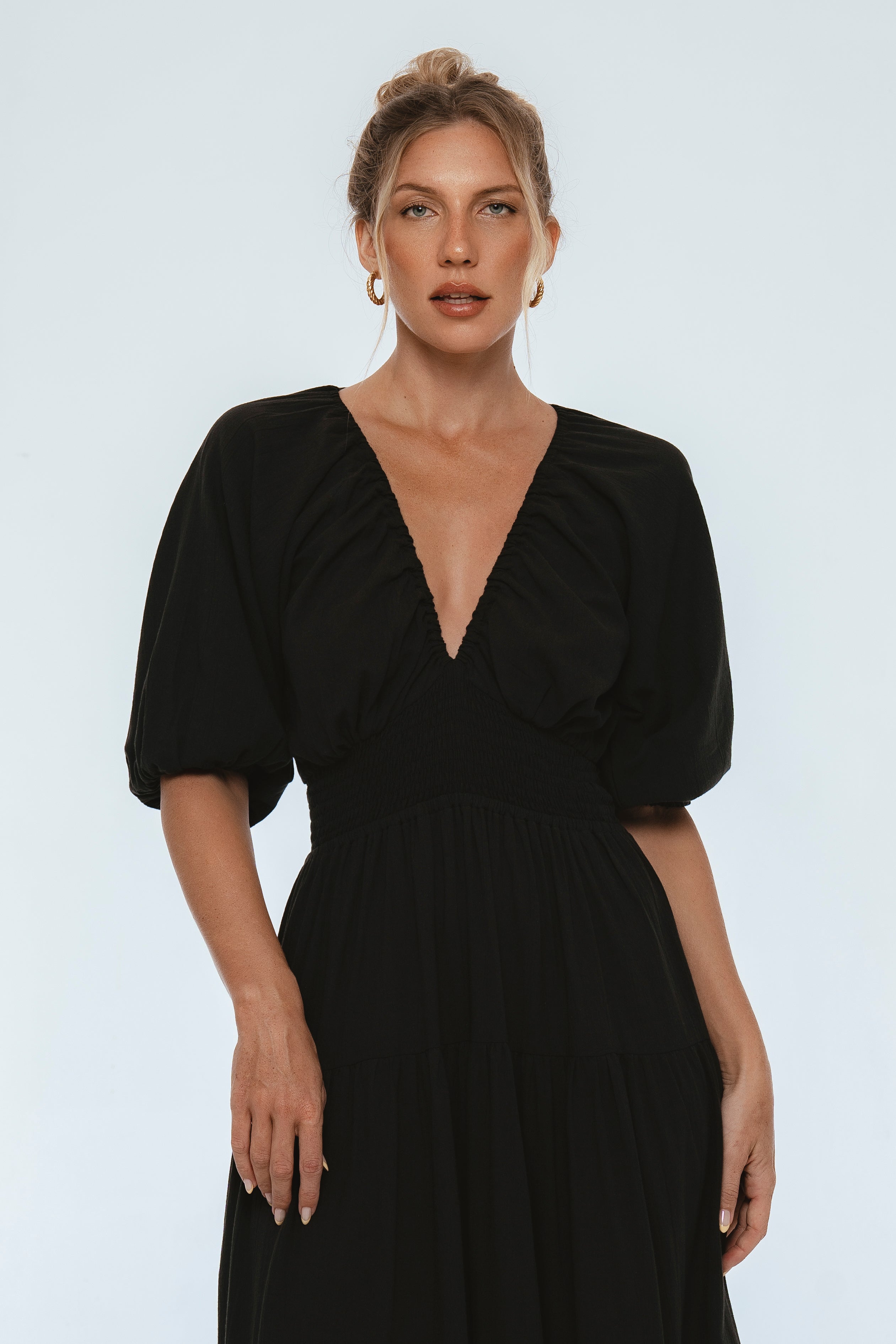 Vestido largo de lino fruncido Lucienne