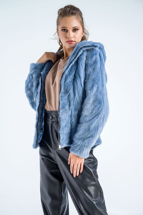 Chaqueta con capucha de piel de visón auténtica azul