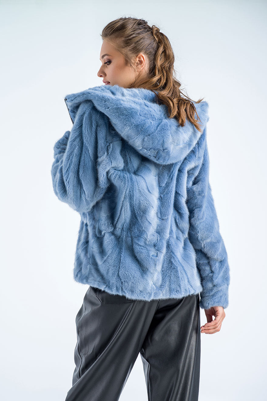 Chaqueta con capucha de piel de visón auténtica azul