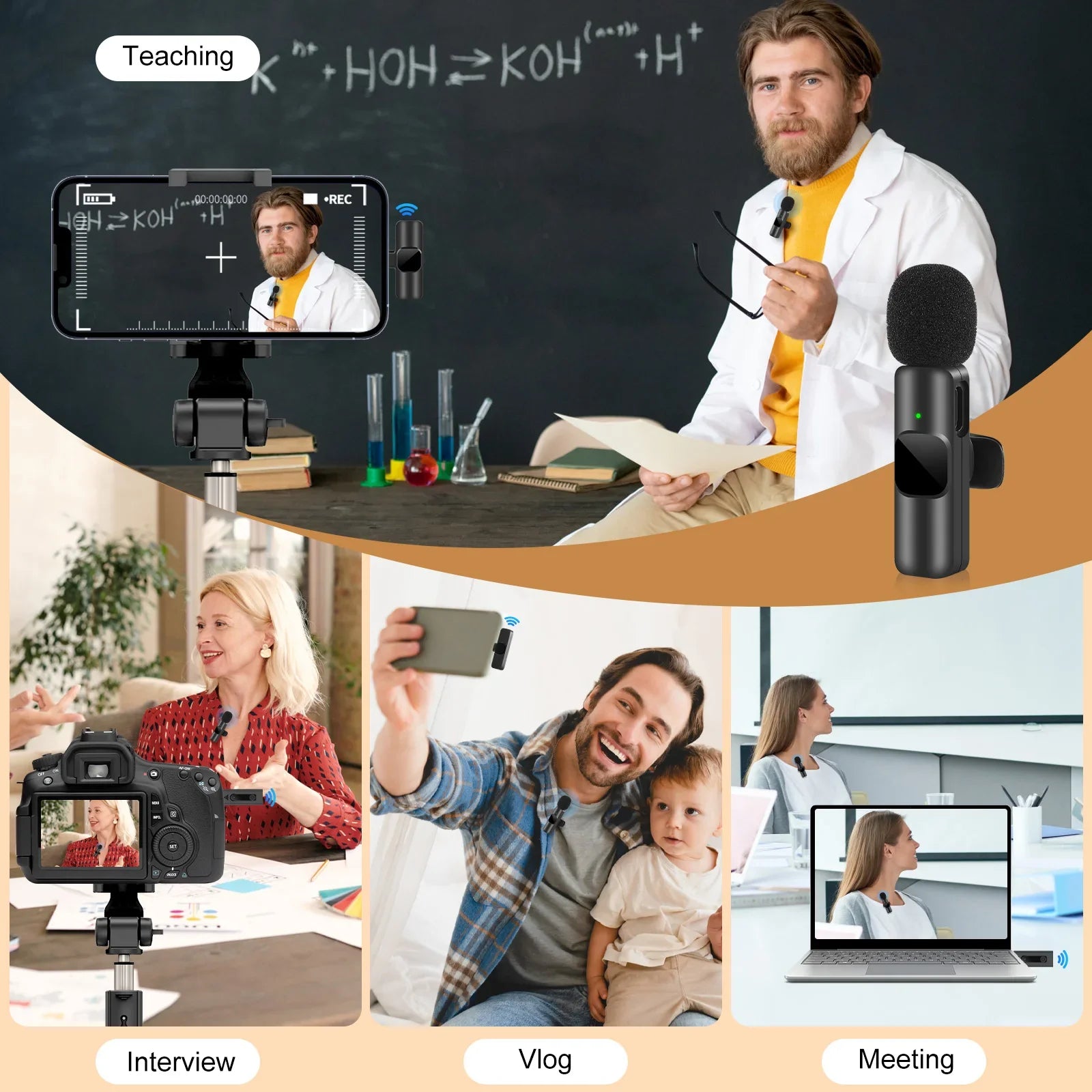 Micrófono de solapa inalámbrico NNEOBA para iPhone y Android. Grabación en vivo.