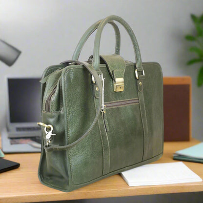 Leather Briefcase, Olive Green