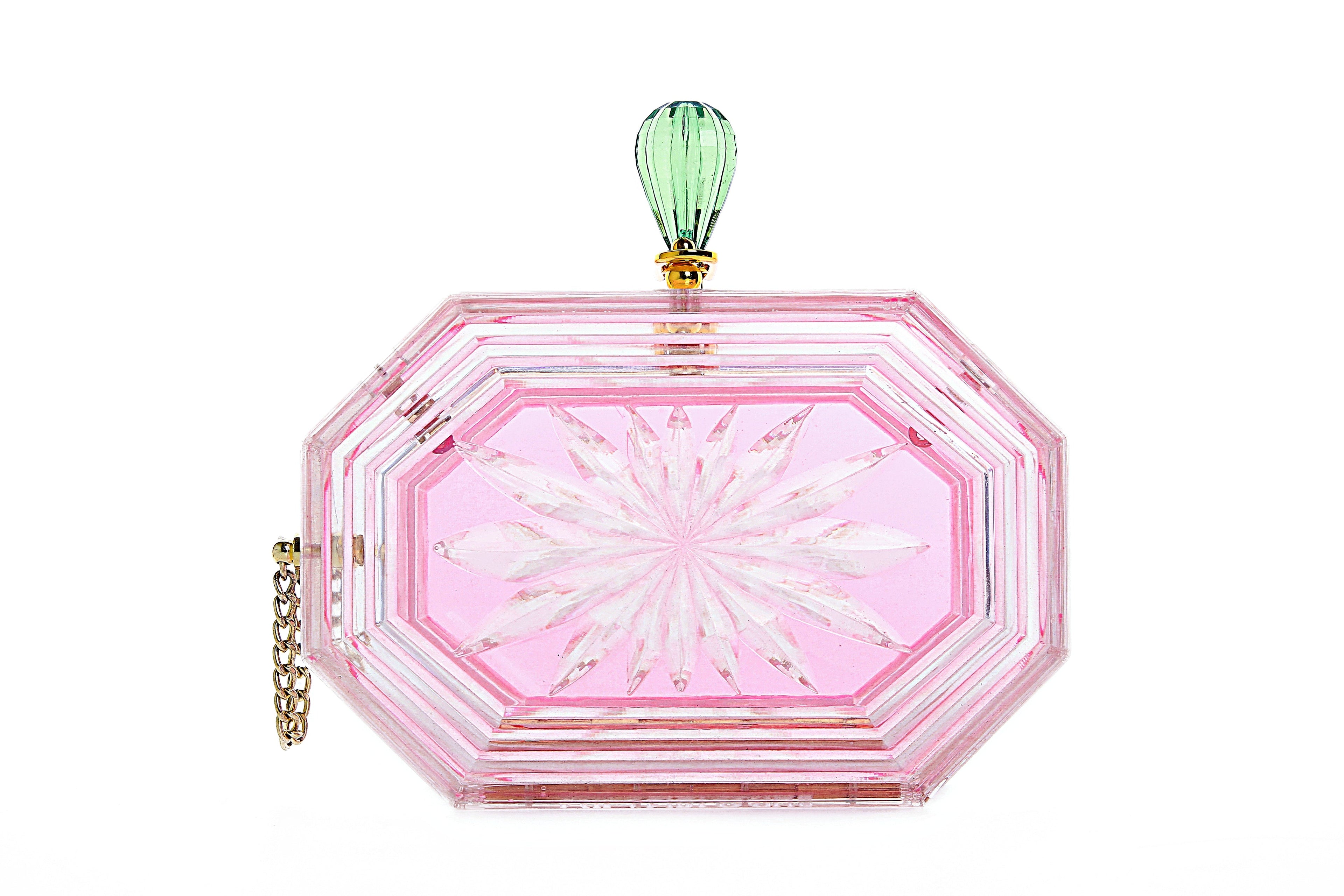 Estuche de acrílico transparente con forma de flor cortada en forma de frasco de perfume, color rosa 