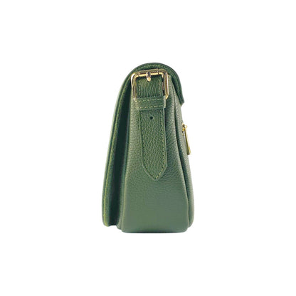 RB1002E | Made in Italy Genuine Leather Shoulder Bag with Removable Leather Shoulder Strap and Shiny Gold Metal Buckle Attachments - Green Color - Size: 26 x 20 x 10 cm.