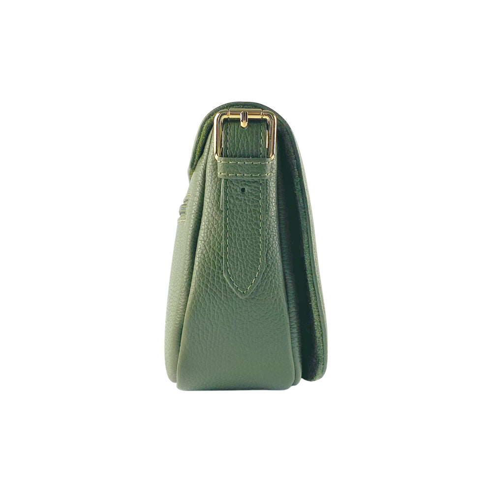 RB1002E | Made in Italy Genuine Leather Shoulder Bag with Removable Leather Shoulder Strap and Shiny Gold Metal Buckle Attachments - Green Color - Size: 26 x 20 x 10 cm.