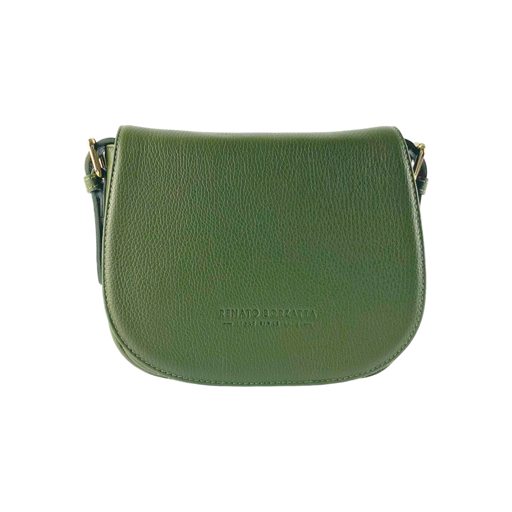 RB1002E | Made in Italy Genuine Leather Shoulder Bag with Removable Leather Shoulder Strap and Shiny Gold Metal Buckle Attachments - Green Color - Size: 26 x 20 x 10 cm.