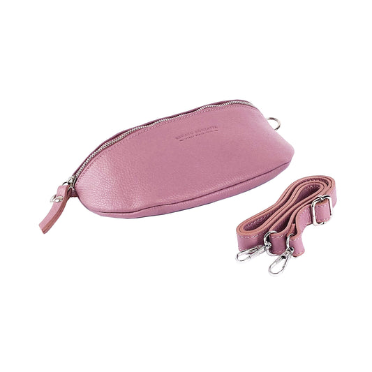 RB1015AZ | Fanny pack with removable shoulder strap in Genuine Leather Made in Italy. Polished Nickel metal snap hook attachments - Antique Pink color - Dimensions: 24 x 14 x 7