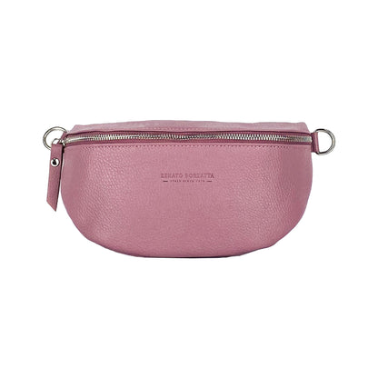 RB1015AZ | Fanny pack with removable shoulder strap in Genuine Leather Made in Italy. Polished Nickel metal snap hook attachments - Antique Pink color - Dimensions: 24 x 14 x 7
