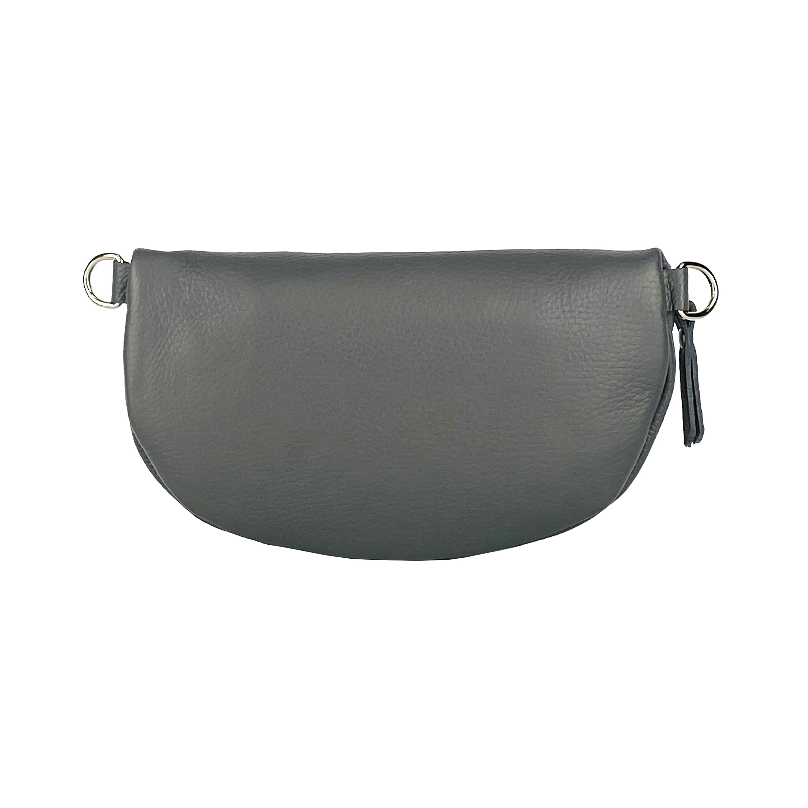 RB1015F | Riñonera con correa de hombro extraíble en piel auténtica. Fabricada en Italia. Mosquetones metálicos de níquel pulido. Color gris. Dimensiones: 24 x 14 x 7