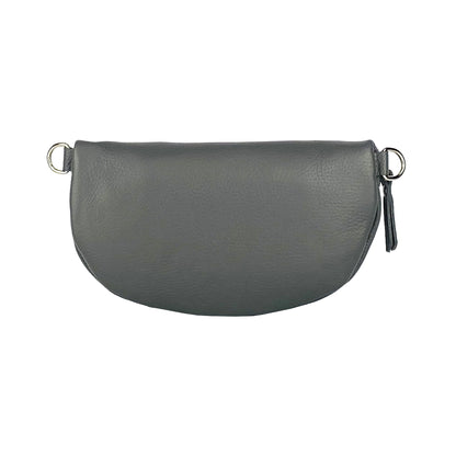 RB1015F | Fanny pack with removable shoulder strap in Genuine Leather Made in Italy. Polished Nickel metal snap hook attachments - Grey color - Dimensions: 24 x 14 x 7