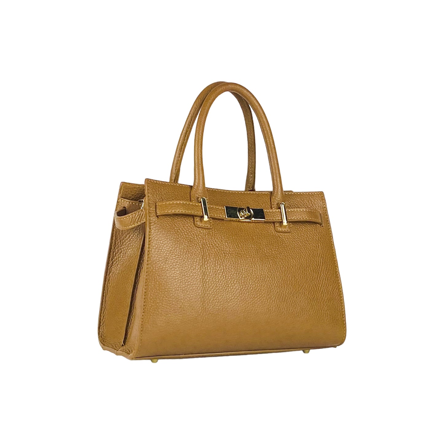 RB1016S | Women's Hand Bag in Genuine Leather Made in Italy with removable shoulder strap. Shiny Gold metal snap hook attachments - Cognac color - Dimensions: cm 28 x 20 x 14 + 12.5
