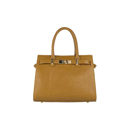 RB1016S | Women's Hand Bag in Genuine Leather Made in Italy with removable shoulder strap. Shiny Gold metal snap hook attachments - Cognac color - Dimensions: cm 28 x 20 x 14 + 12.5