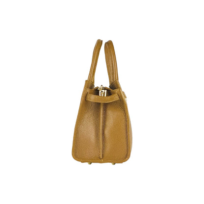 RB1016S | Women's Hand Bag in Genuine Leather Made in Italy with removable shoulder strap. Shiny Gold metal snap hook attachments - Cognac color - Dimensions: cm 28 x 20 x 14 + 12.5