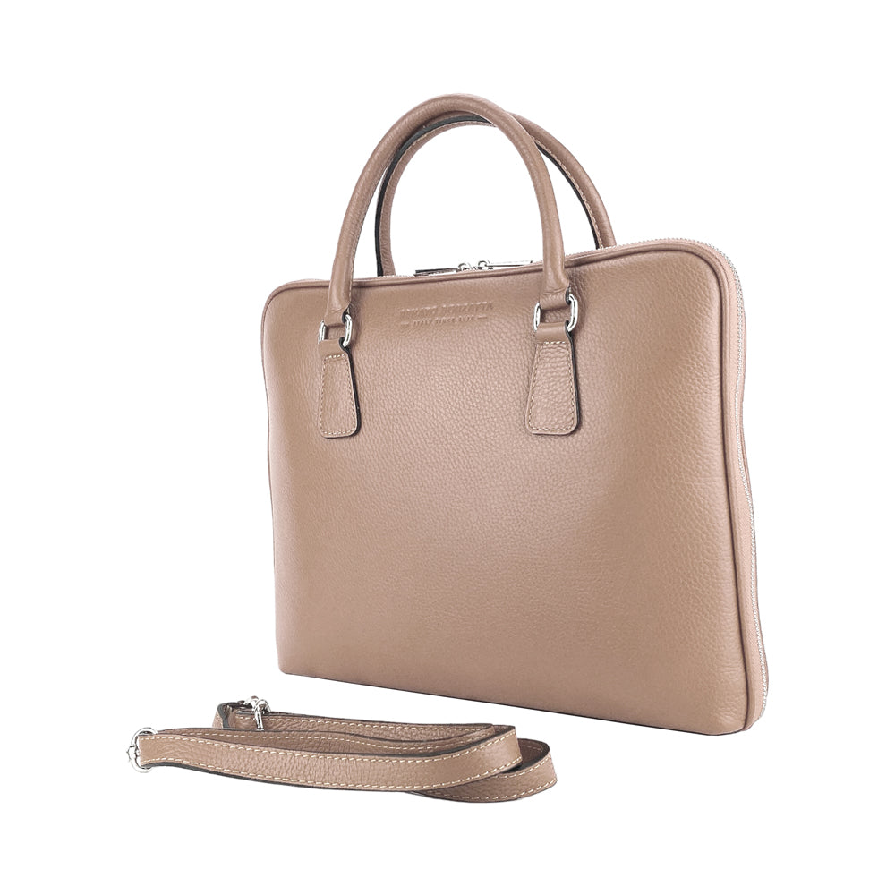 RB1019AQ | Made in Italy Genuine Leather Unisex Business Briefcase with removable shoulder strap. Polished Nickel metal snap hook attachments - Taupe color - Dimensions: cm 37 x 29 x 6.5