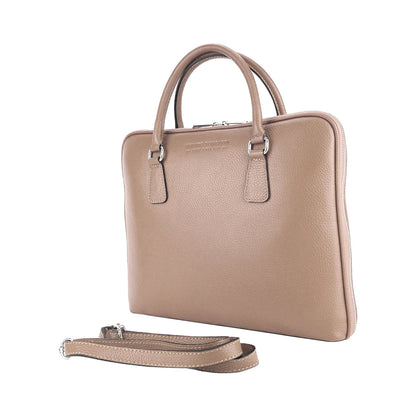 RB1019AQ | Made in Italy Genuine Leather Unisex Business Briefcase with removable shoulder strap. Polished Nickel metal snap hook attachments - Taupe color - Dimensions: cm 37 x 29 x 6.5