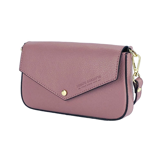 RB1023AZ | Small Shoulder Bag with Removable Chain Strap in Genuine Leather Made in Italy. Flap Closure. Shiny Gold metal hardware - Antique Pink color - Dimensions: 22 x 12 x 3 cm.