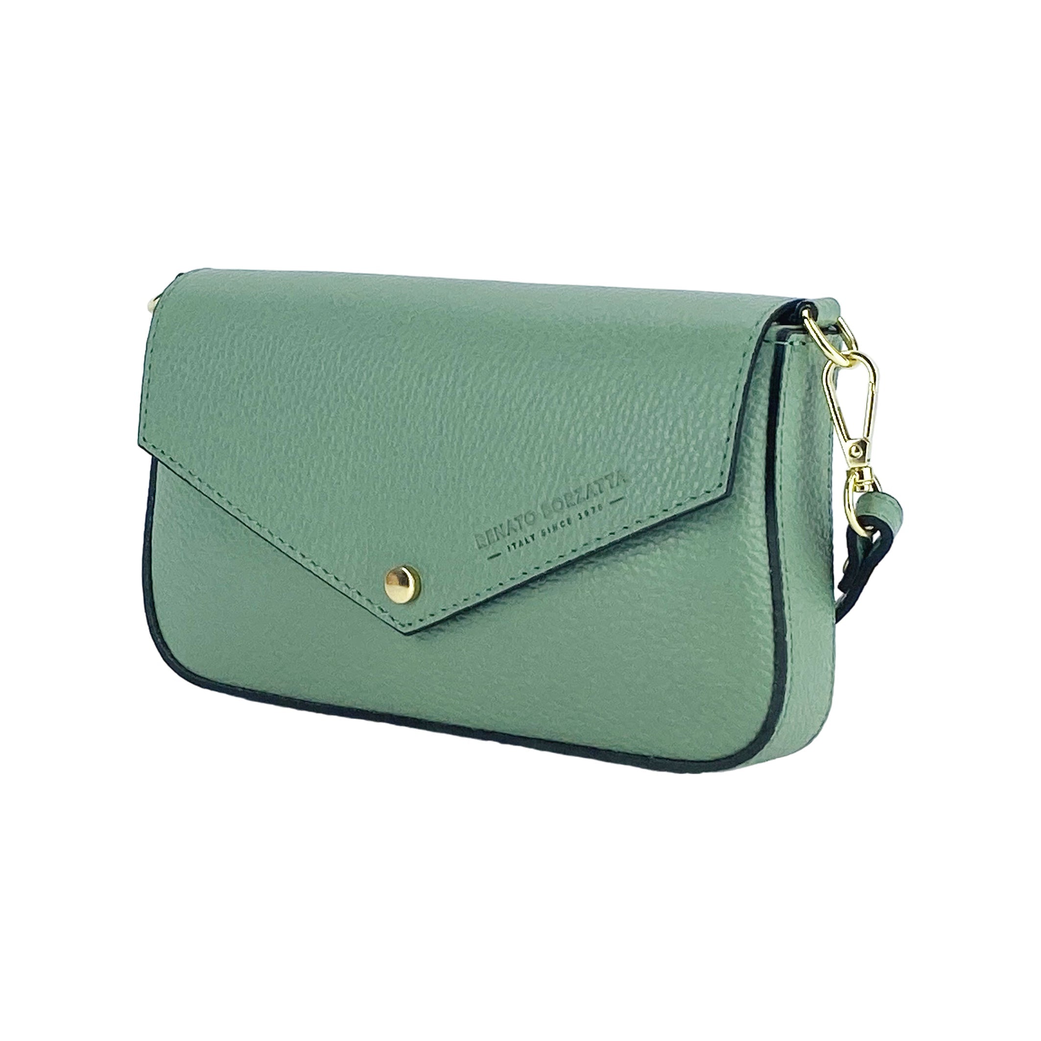 RB1023BF | Bolso de hombro pequeño con correa de cadena extraíble en piel auténtica. Fabricado en Italia. Cierre de solapa. Herrajes metálicos dorados brillantes - Color menta - Dimensiones: 22 x 12 x 3 cm.
