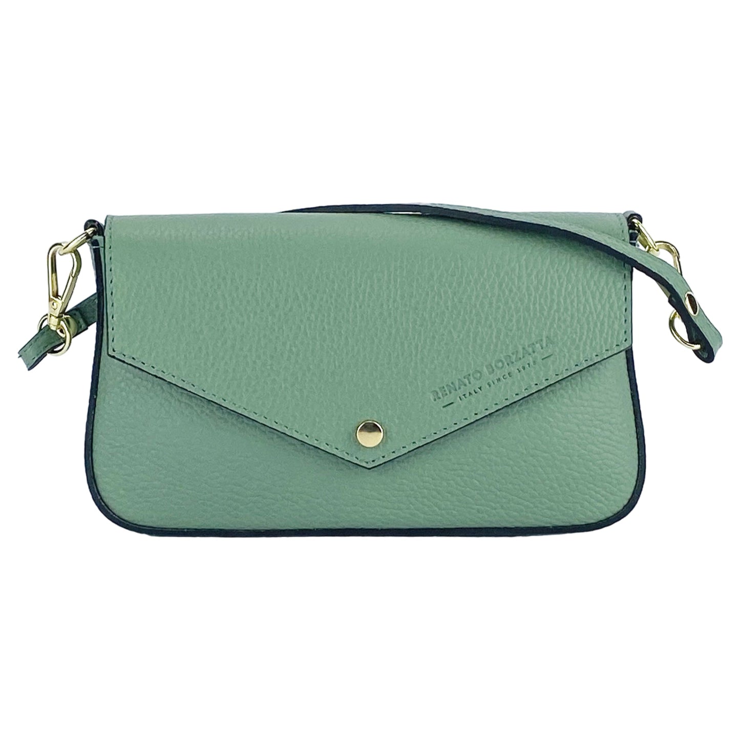 RB1023BF | Small Shoulder Bag with Removable Chain Strap in Genuine Leather Made in Italy. Flap Closure. Shiny Gold metal hardware - Mint color - Dimensions: 22 x 12 x 3 cm.