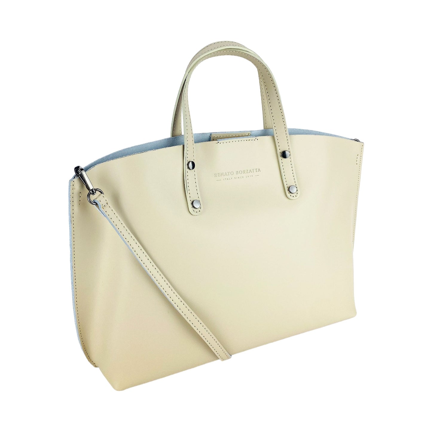 RB1024AL | Women's Hand Bag in Genuine Leather Made in Italy with removable shoulder strap. Large removable internal bag. Polished Gunmetal Accessories - Beige color - Dimensions: cm 48x31x11