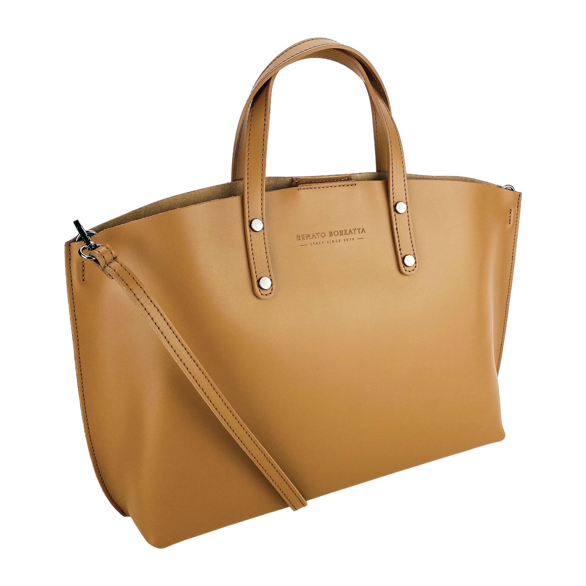 RB1024S | Borsa Donna a Mano en Vera Pelle Made in Italy con tracolla removibile. Sacca grande interna estraibile. Accesorios Canna di Fucile Lucido - Colore Cognac - Dimensiones: cm 48x31x11