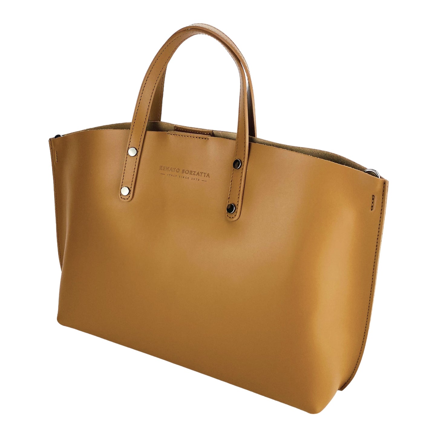 RB1024S | Women's Hand Bag in Genuine Leather Made in Italy with removable shoulder strap. Large removable internal bag. Polished Gunmetal Accessories - Cognac Color - Dimensions: cm 48x31x11