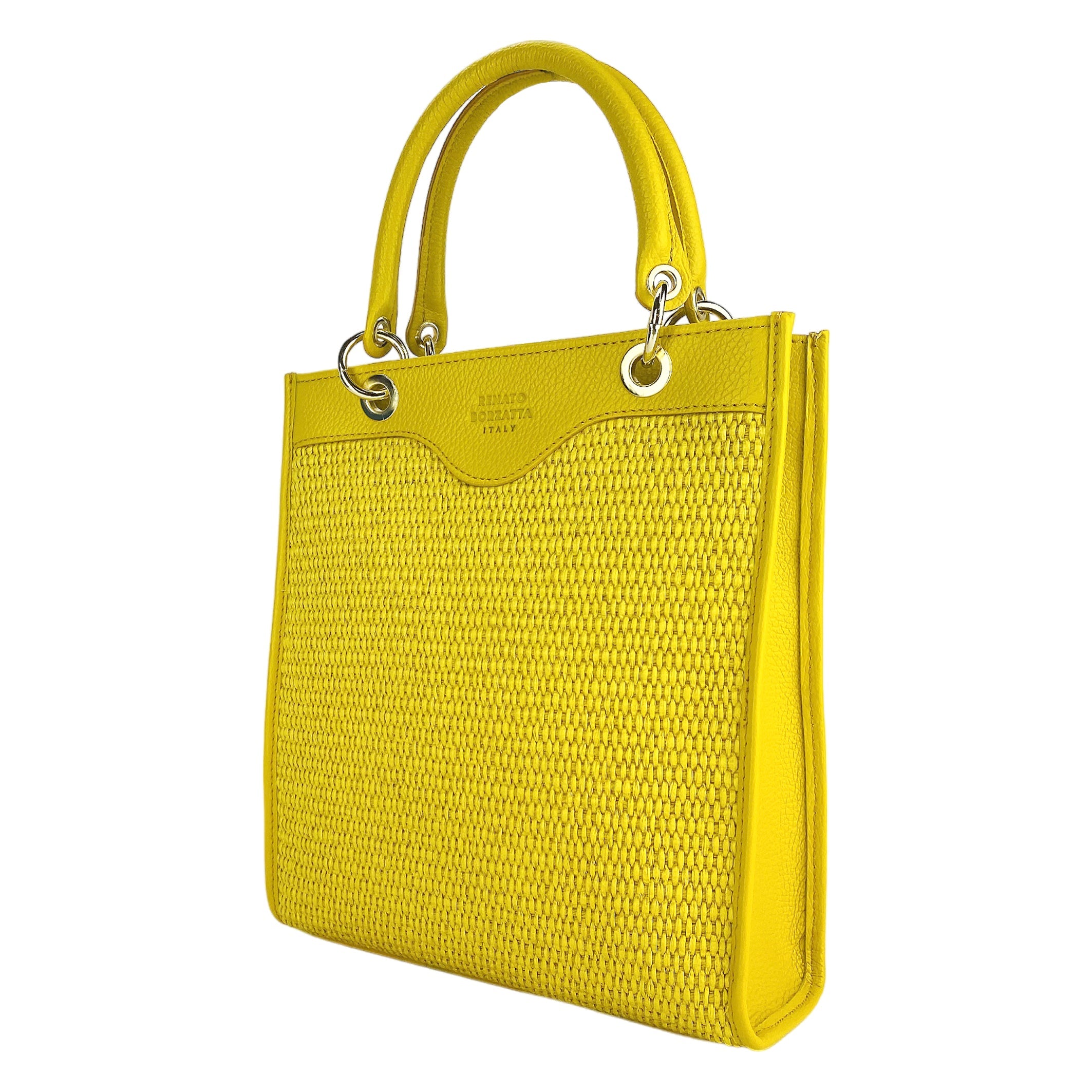 RB1026R | Bolso de mano vertical para mujer en piel auténtica y paja, fabricado en Italia. Bandolera de piel ajustable y extraíble. Accesorios dorados brillantes - Color amarillo - Dimensiones: 24 x 29 x 9 cm