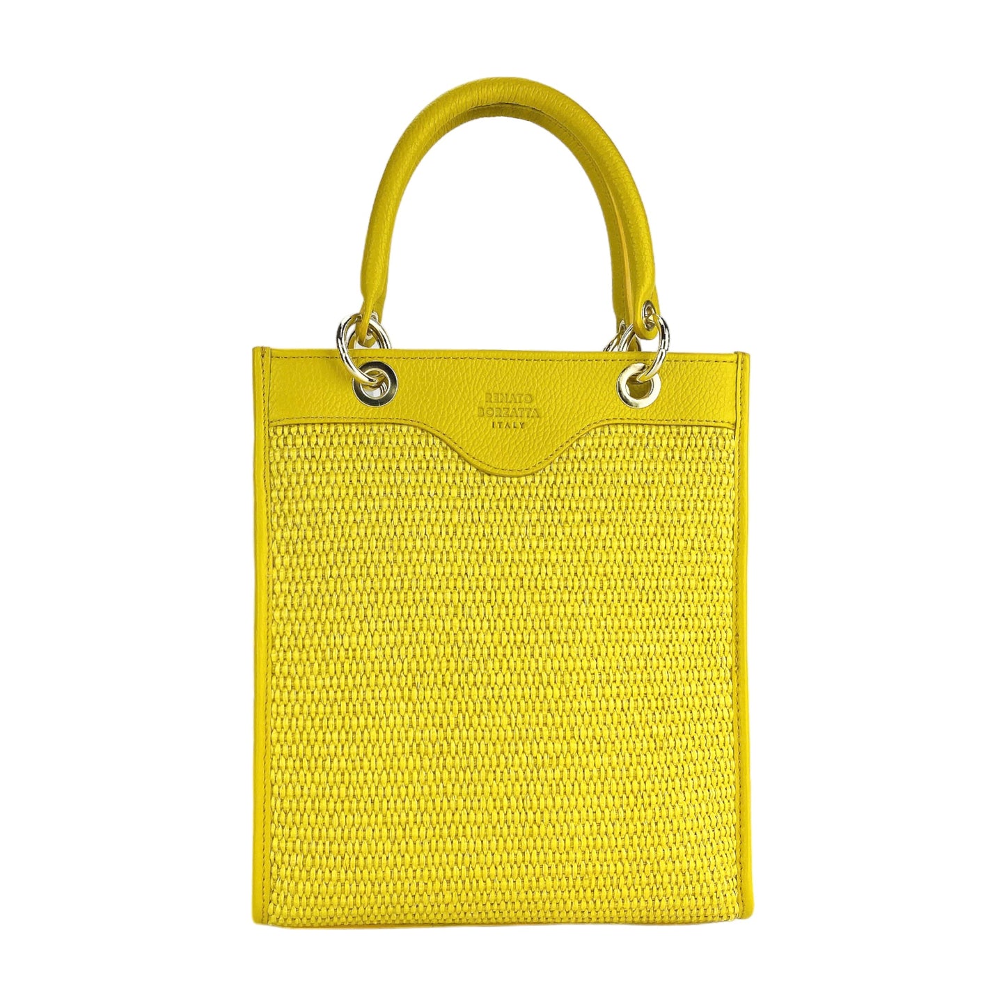 RB1026R | Women's upright hand bag in Genuine Leather and Straw Made in Italy. Removable and adjustable leather shoulder strap. Shiny Gold accessories - Yellow color - Dimensions: cm 24 x 29 x 9
