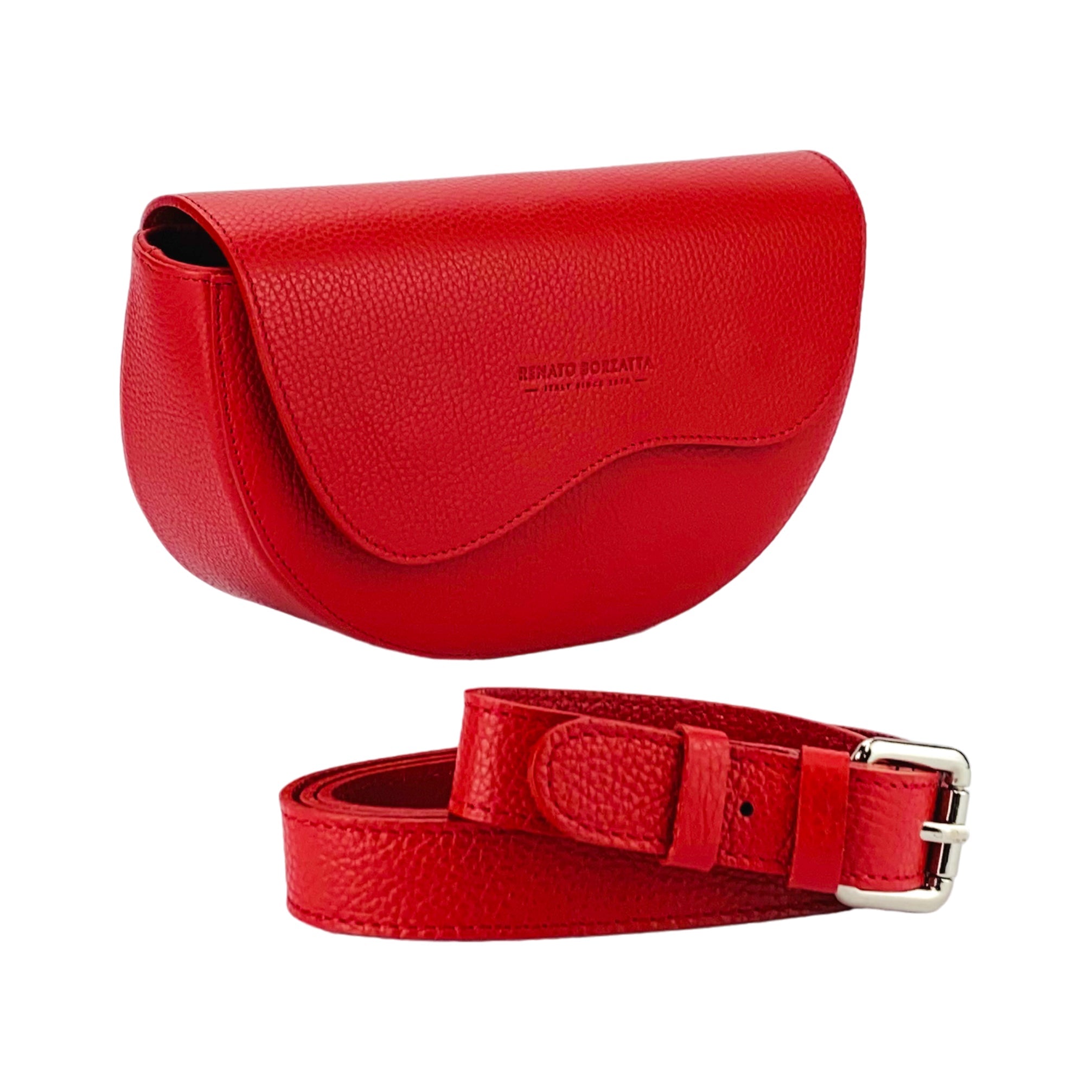 RB1027V | Borsa Donna a Bandoliera stondata en Vera Pelle Made in Italy. Tracolla removibile e regolabile in pelle. Accesorios Níquel Lucido - Colore Rosso - Dimensiones: cm 25 x 15 x 9