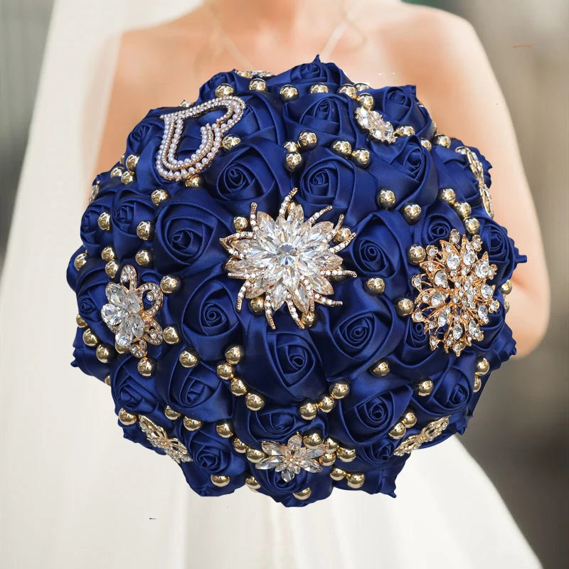 Green Rhinestone Brooch Wedding Bouquet for Bride Bridesmaid High Quality Ribbon Flowers Many Size and Colors