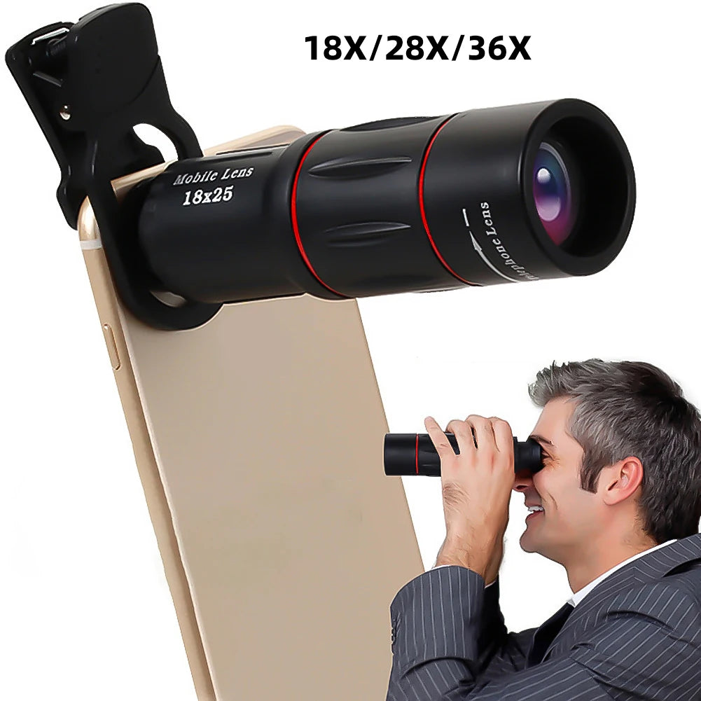 18/28/36X Mobile Phone Camera Lens Clip-On Zoom Monocular Telescope Universal HD Telescope Lens for Camping Hunting Sports