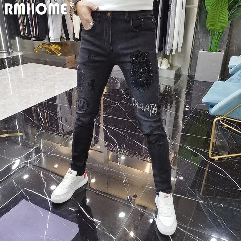 Diamond Men‘s Jeans Fashion Brand Man Tight Trouser New Heavy Craft Printing Stretch Fit Versatile Black Male Pencil Pants