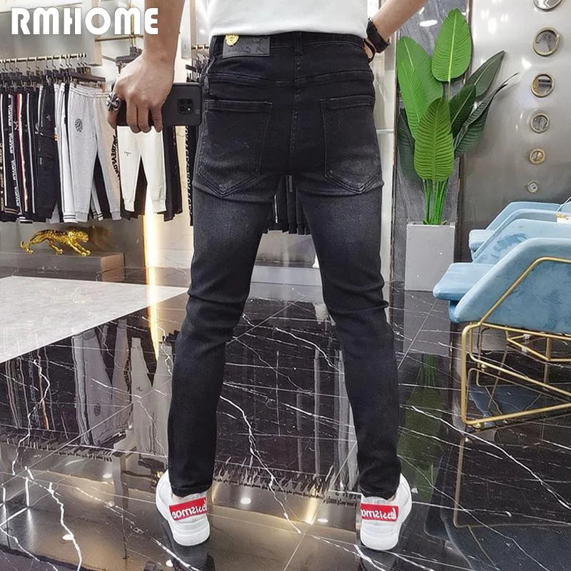 Diamond Men‘s Jeans Fashion Brand Man Tight Trouser New Heavy Craft Printing Stretch Fit Versatile Black Male Pencil Pants