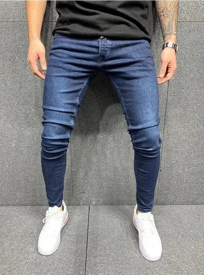 Men Jeans Knee Hole Ripped Stretch Skinny Denim Pants Solid Color Black Blue Autumn Summer Hip-Hop Style Slim Fit Trousers S-4XL