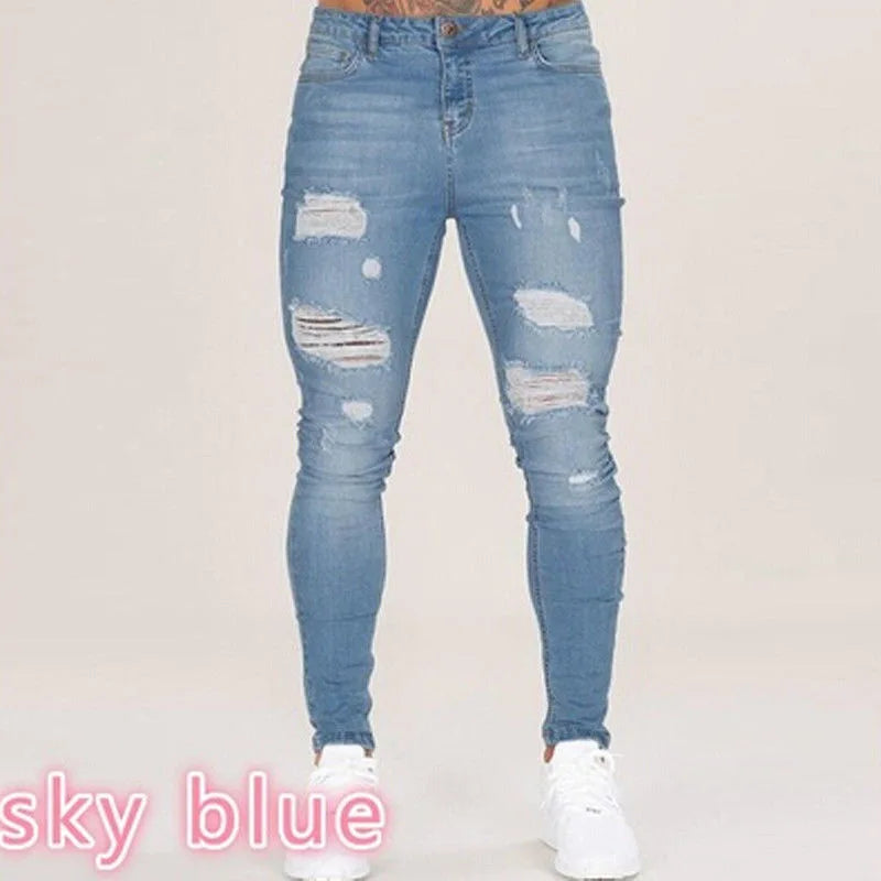Men Jeans Knee Hole Ripped Stretch Skinny Denim Pants Solid Color Black Blue Autumn Summer Hip-Hop Style Slim Fit Trousers S-4XL
