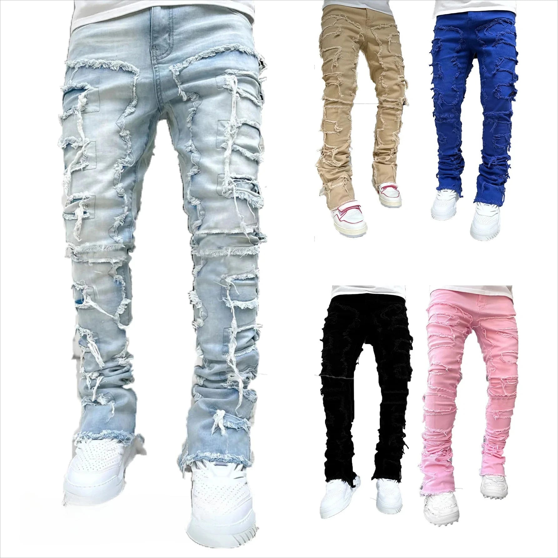 New Men's Fashion Jeans Work Pants, European and American Fashion Workwear Elastic Patchwork Denim Layered Flared Pants S-XXL