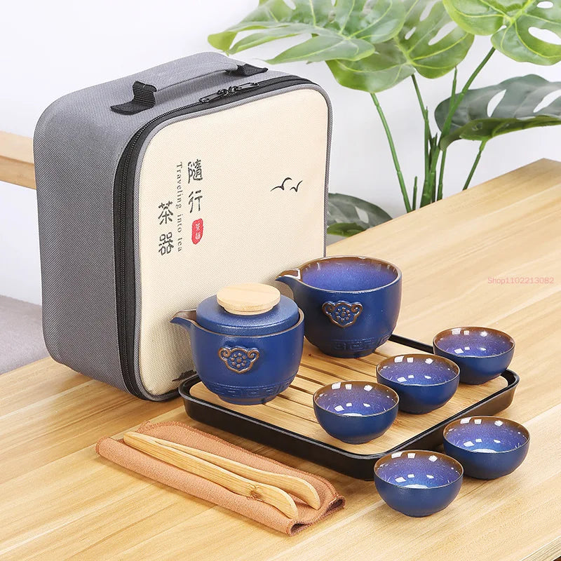 Chinese Kung Fu Travel Tea Set Ceramic Portable Teapot Set Gaiwan Tea Cups of Tea Ceremony Teacup Outdoor Drinking Jingdezhen