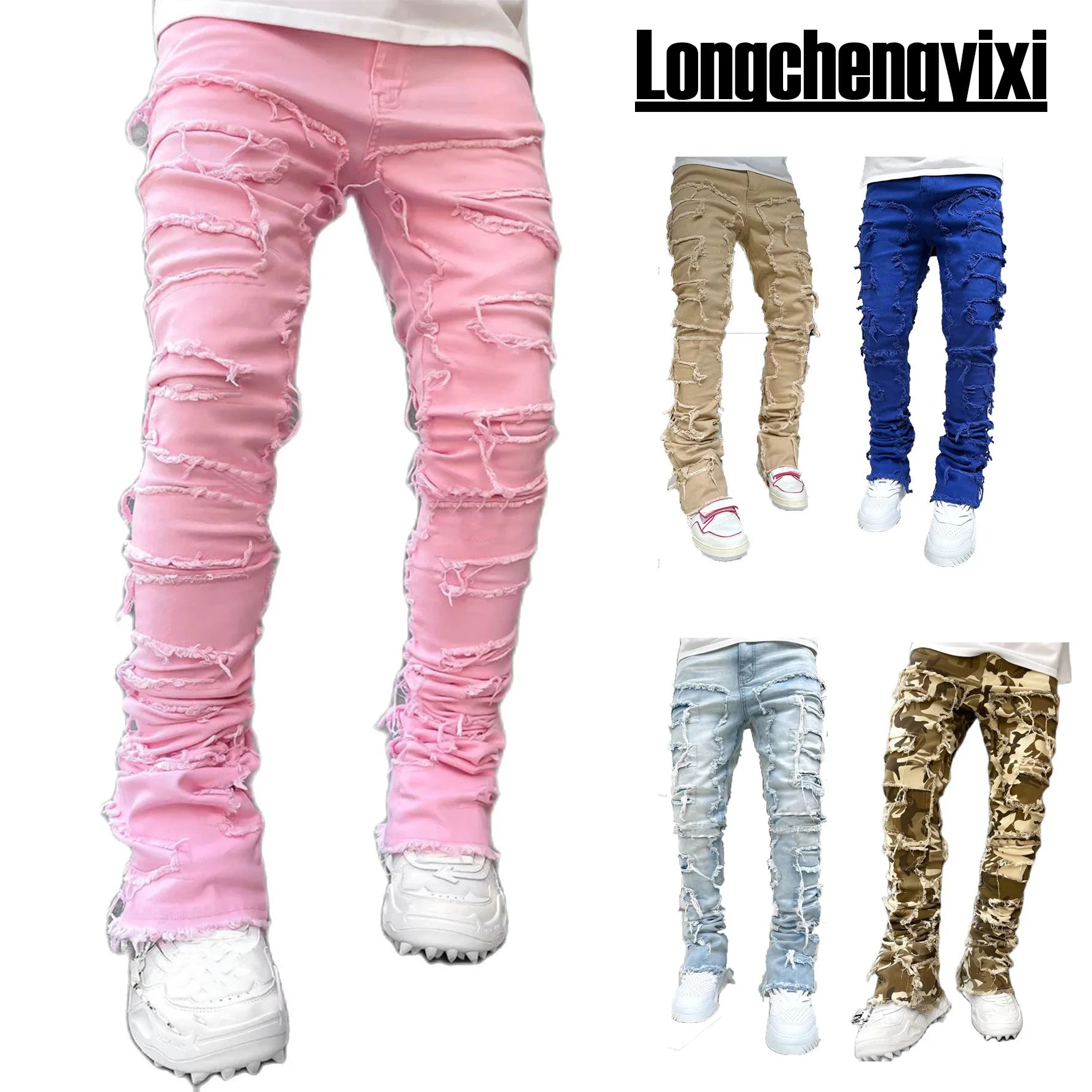 New Men's Fashion Jeans Work Pants, European and American Fashion Workwear Elastic Patchwork Denim Layered Flared Pants S-XXL